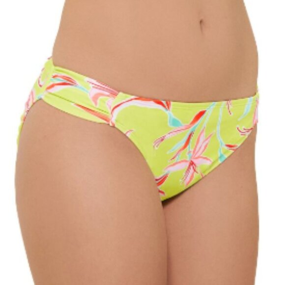 Ninety-Nine° Juniors XL Ruched High Side Hipster Swim Bottoms Lime Green Floral - Picture 6 of 6